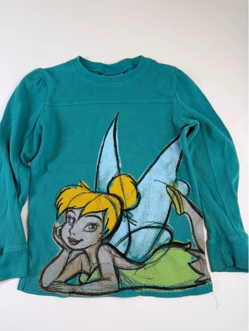 Vintage Y2K Walt Disney Girls Size 6 Teal Tinkerbell Waffle Knit Shirt